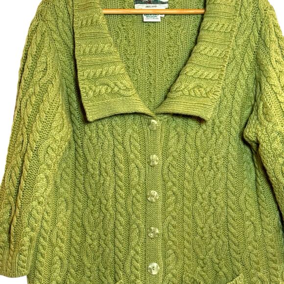 Aran Crafts Cable Knit Green 100% Merino Wool Made in Ireland Cardigan Sweater - Picture 3 of 7